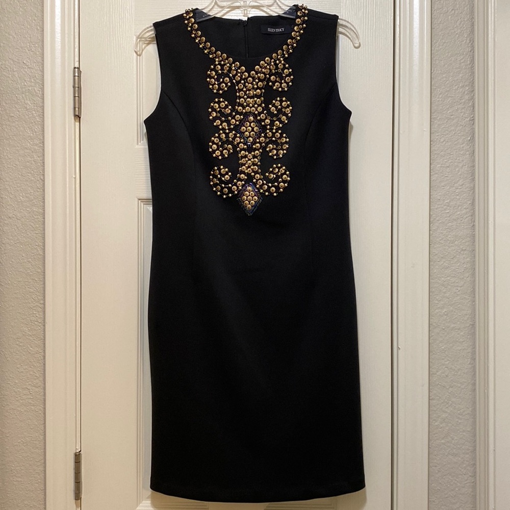 Ellen Tracy black dress with front gold embellishment